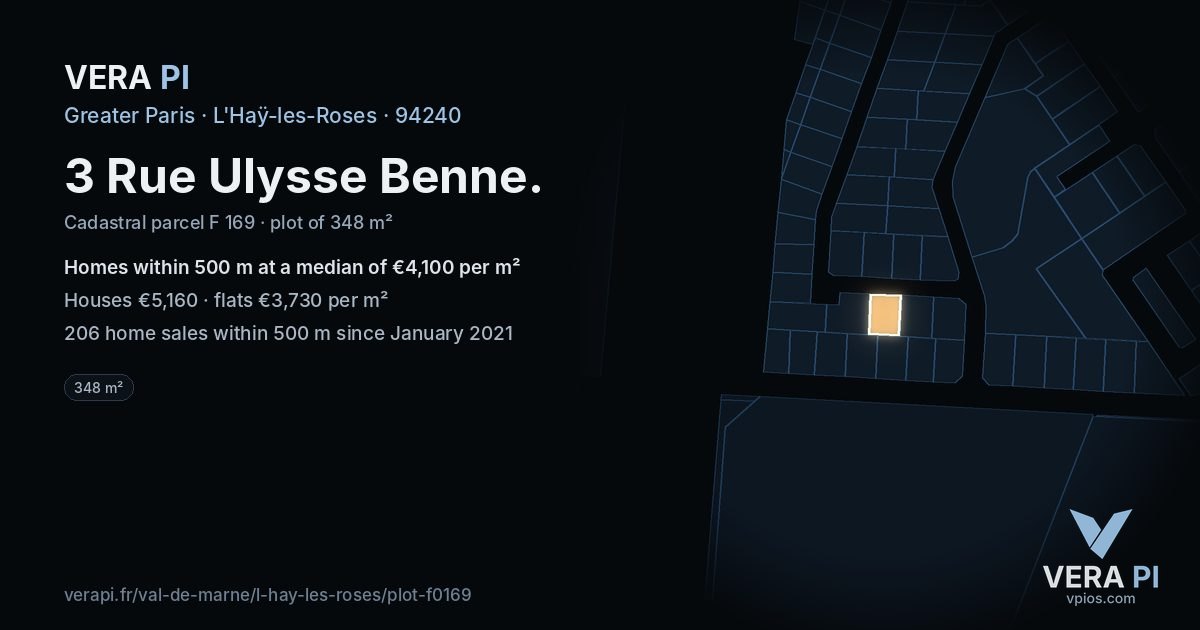 3 Rue Ulysse Benne, L'Haÿ-les-Roses at night – the plot lit, the parcels around coloured by the prices near them