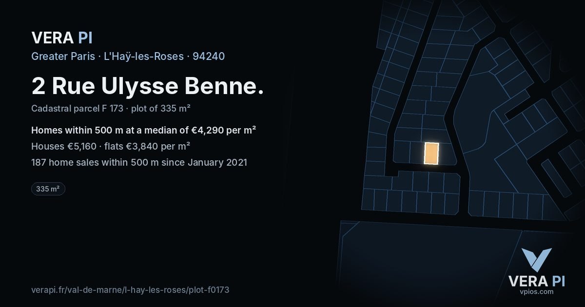 2 Rue Ulysse Benne, L'Haÿ-les-Roses at night – the plot lit, the parcels around coloured by the prices near them