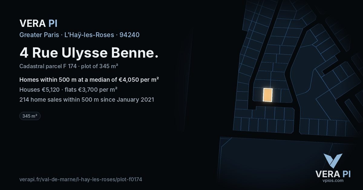 4 Rue Ulysse Benne, L'Haÿ-les-Roses at night – the plot lit, the parcels around coloured by the prices near them