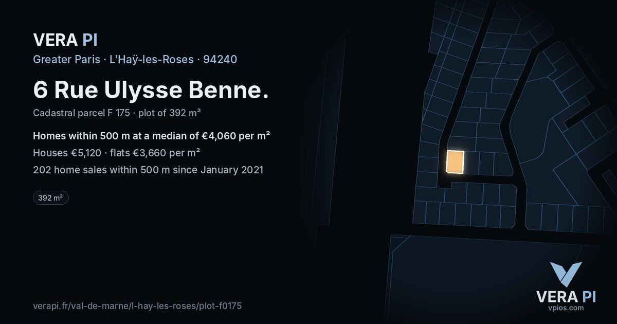 6 Rue Ulysse Benne, L'Haÿ-les-Roses at night – the plot lit, the parcels around coloured by the prices near them