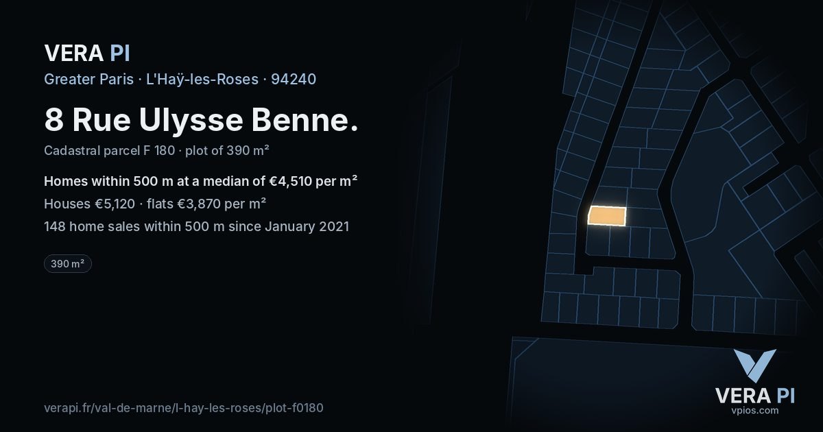 8 Rue Ulysse Benne, L'Haÿ-les-Roses at night – the plot lit, the parcels around coloured by the prices near them