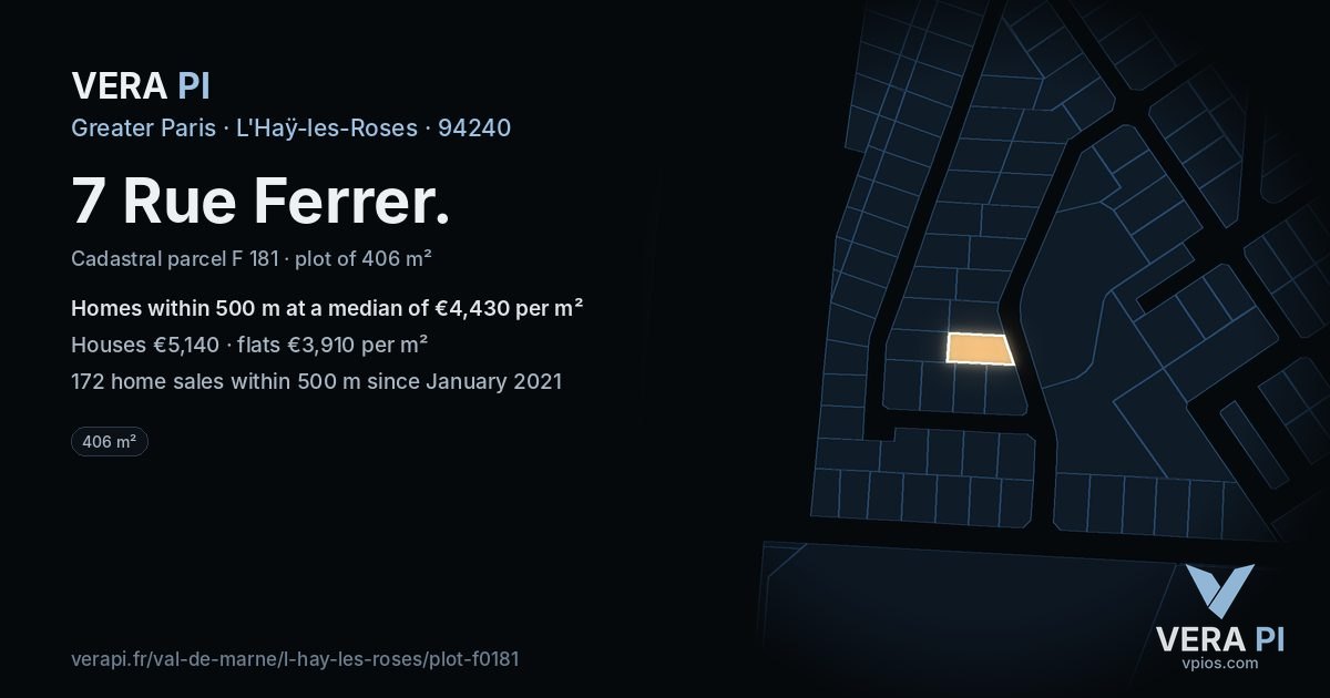 7 Rue Ferrer, L'Haÿ-les-Roses at night – the plot lit, the parcels around coloured by the prices near them