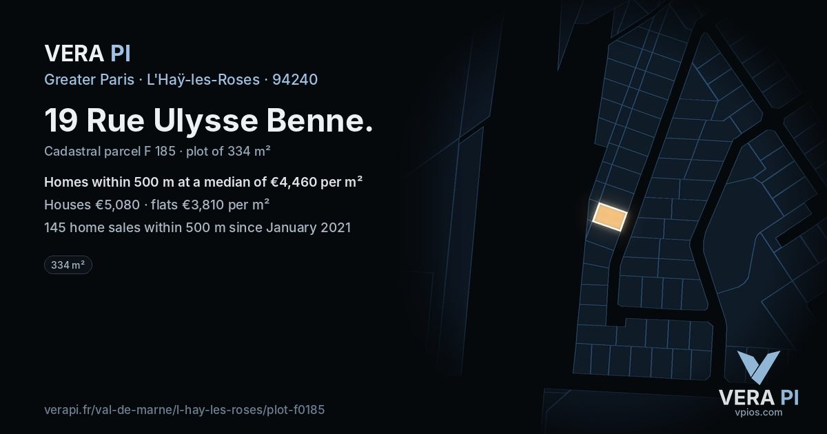 19 Rue Ulysse Benne, L'Haÿ-les-Roses at night – the plot lit, the parcels around coloured by the prices near them