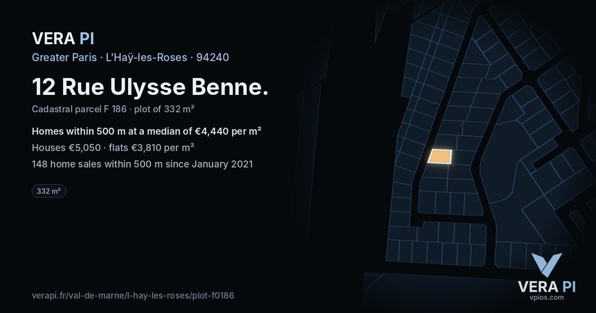 12 Rue Ulysse Benne, L'Haÿ-les-Roses at night – the plot lit, the parcels around coloured by the prices near them
