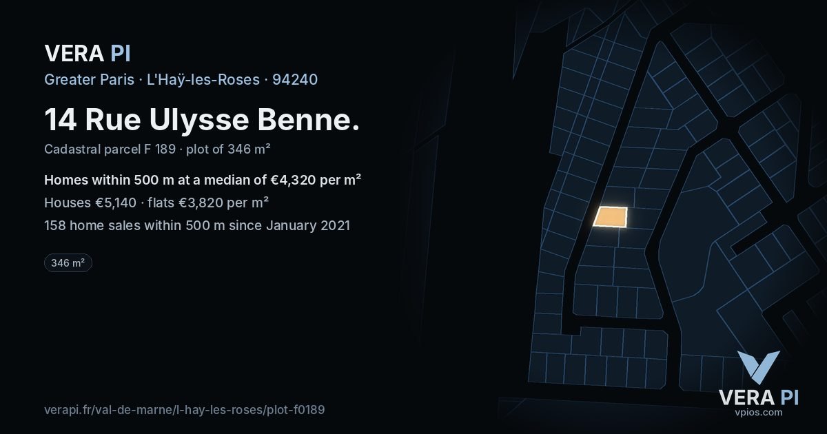 14 Rue Ulysse Benne, L'Haÿ-les-Roses at night – the plot lit, the parcels around coloured by the prices near them
