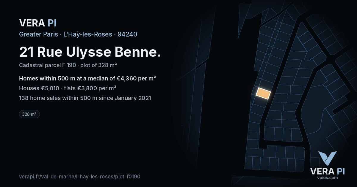 21 Rue Ulysse Benne, L'Haÿ-les-Roses at night – the plot lit, the parcels around coloured by the prices near them