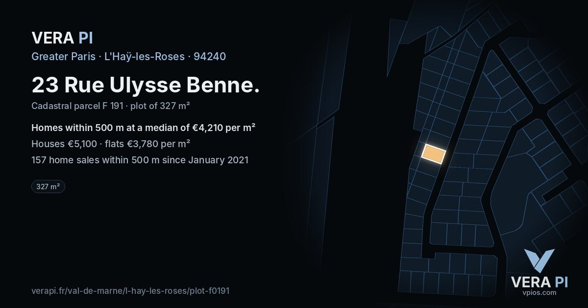 23 Rue Ulysse Benne, L'Haÿ-les-Roses at night – the plot lit, the parcels around coloured by the prices near them