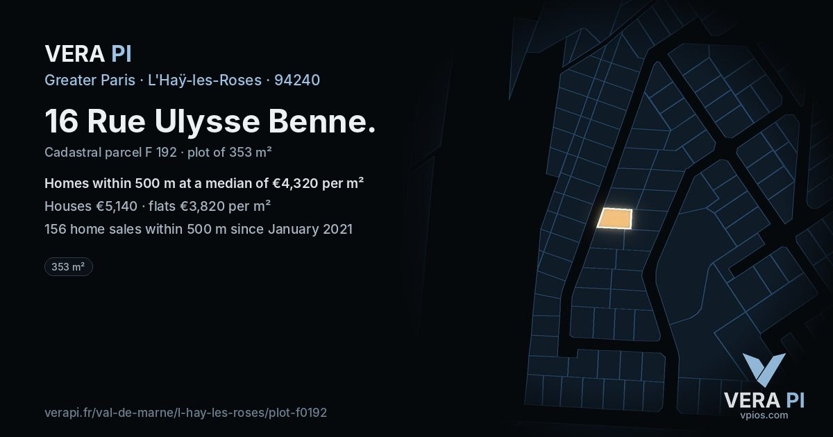 16 Rue Ulysse Benne, L'Haÿ-les-Roses at night – the plot lit, the parcels around coloured by the prices near them