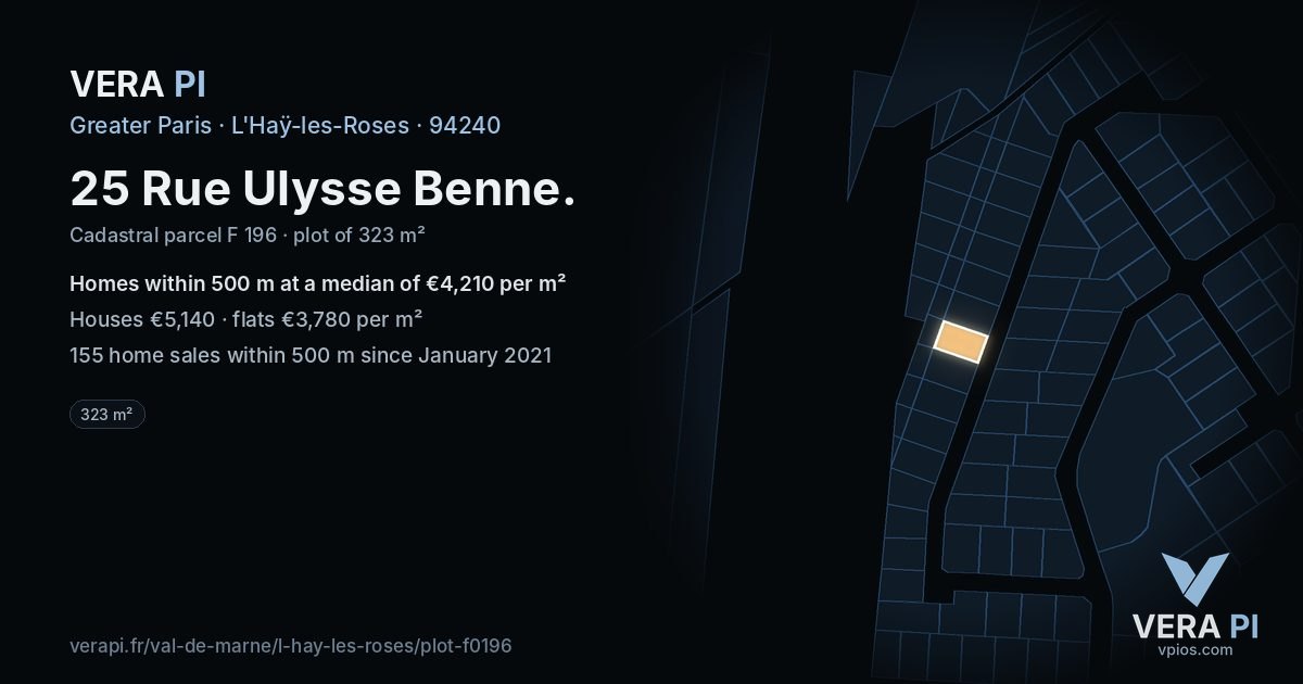 25 Rue Ulysse Benne, L'Haÿ-les-Roses at night – the plot lit, the parcels around coloured by the prices near them