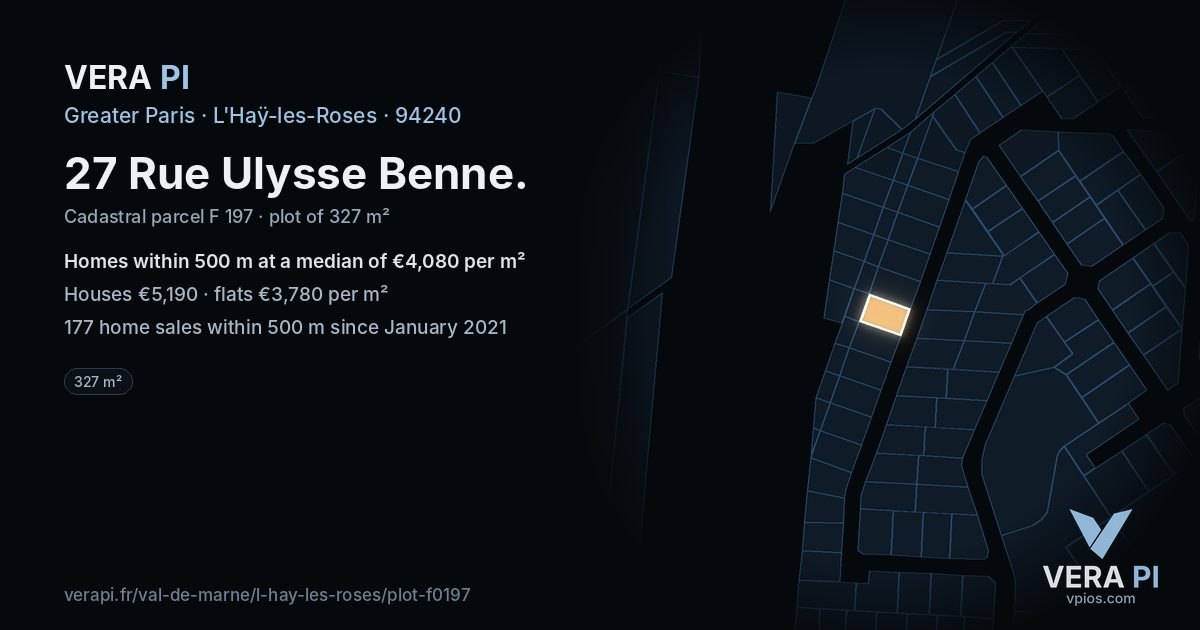27 Rue Ulysse Benne, L'Haÿ-les-Roses at night – the plot lit, the parcels around coloured by the prices near them