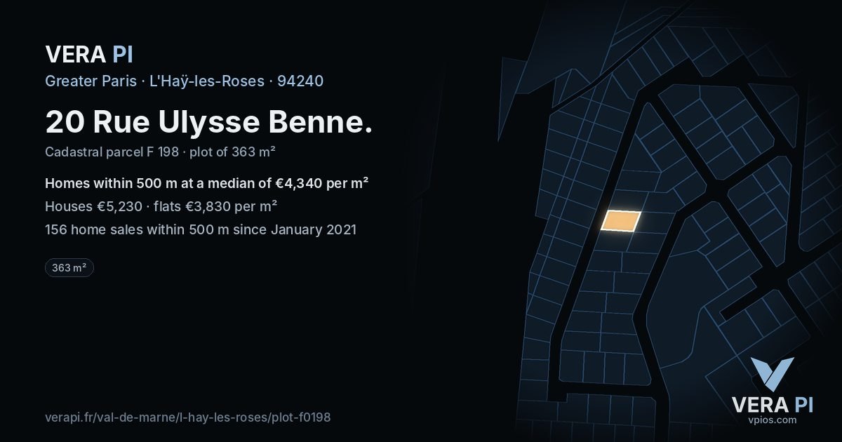 20 Rue Ulysse Benne, L'Haÿ-les-Roses at night – the plot lit, the parcels around coloured by the prices near them