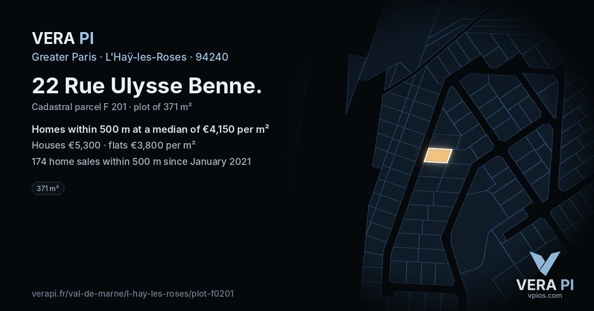 22 Rue Ulysse Benne, L'Haÿ-les-Roses at night – the plot lit, the parcels around coloured by the prices near them