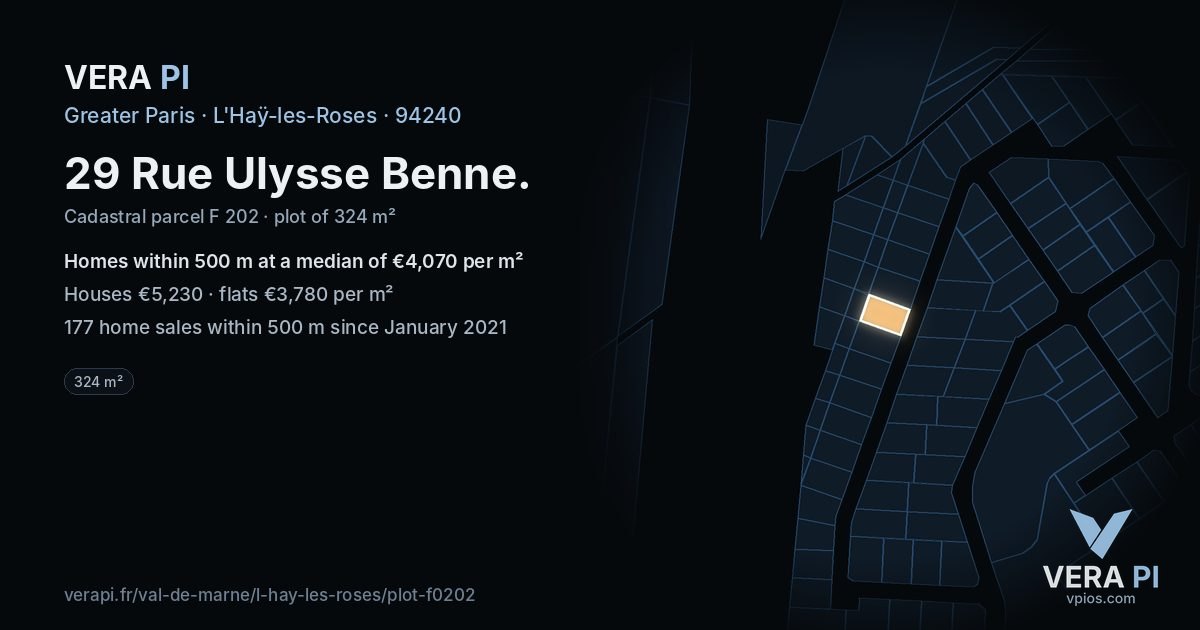 29 Rue Ulysse Benne, L'Haÿ-les-Roses at night – the plot lit, the parcels around coloured by the prices near them