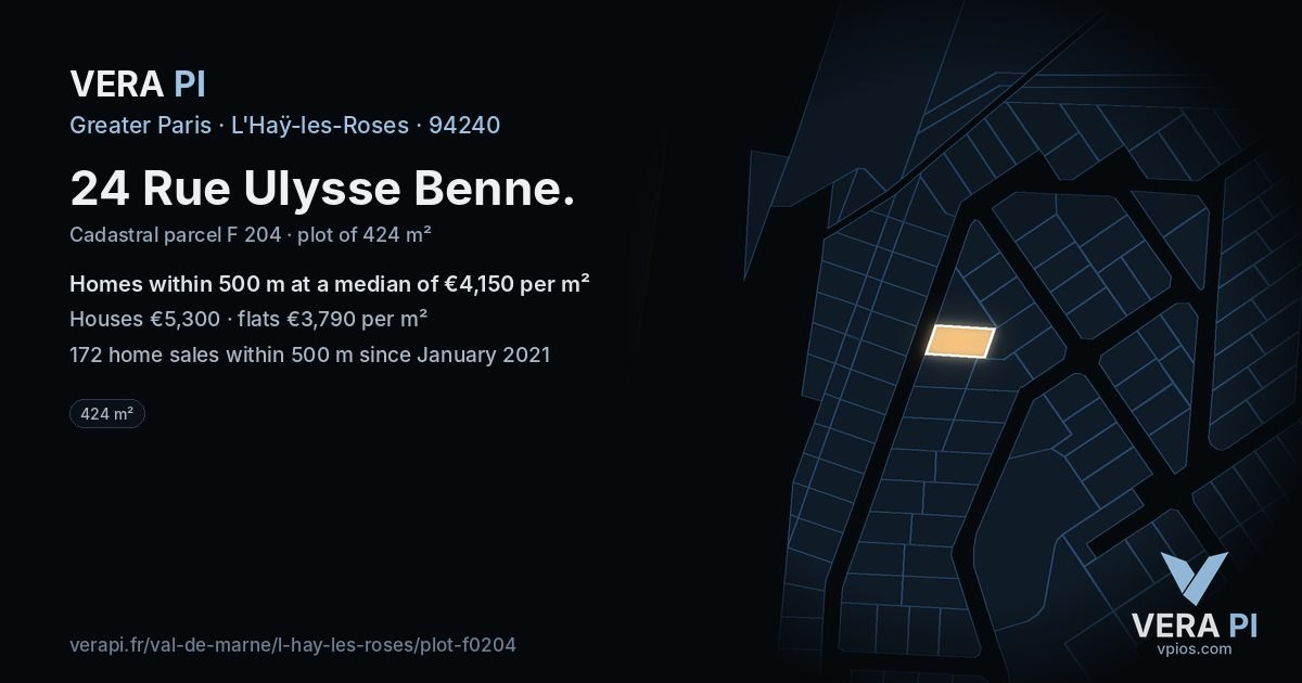 24 Rue Ulysse Benne, L'Haÿ-les-Roses at night – the plot lit, the parcels around coloured by the prices near them