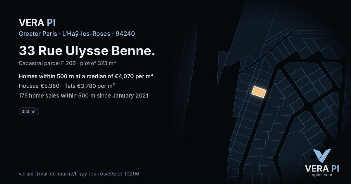 33 Rue Ulysse Benne, L'Haÿ-les-Roses at night – the plot lit, the parcels around coloured by the prices near them