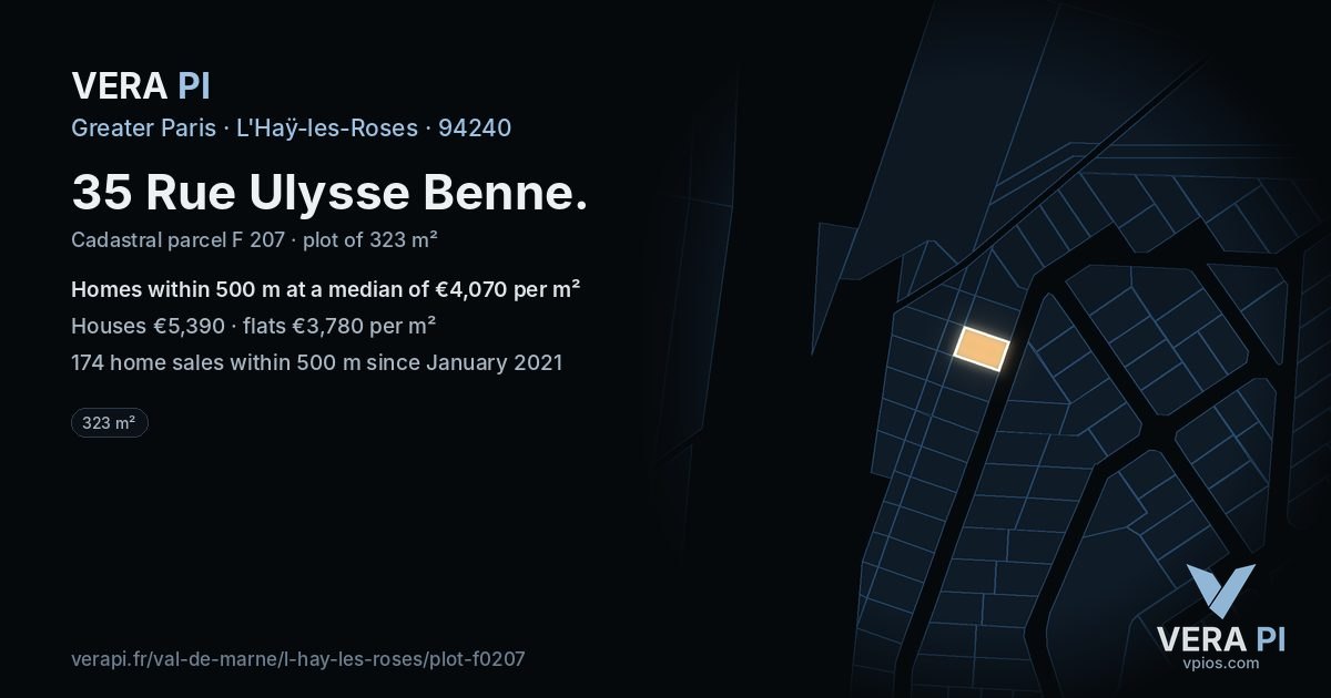 35 Rue Ulysse Benne, L'Haÿ-les-Roses at night – the plot lit, the parcels around coloured by the prices near them