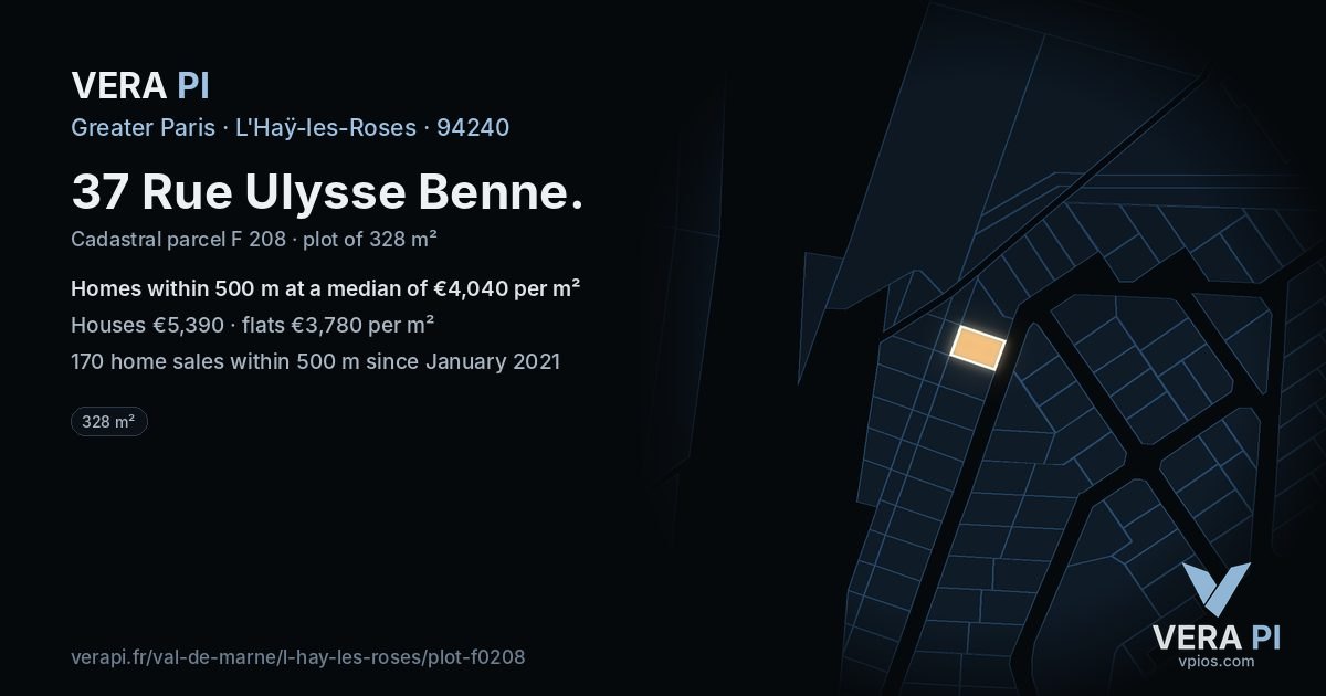 37 Rue Ulysse Benne, L'Haÿ-les-Roses at night – the plot lit, the parcels around coloured by the prices near them