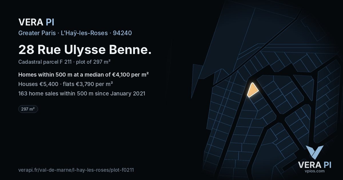 28 Rue Ulysse Benne, L'Haÿ-les-Roses at night – the plot lit, the parcels around coloured by the prices near them