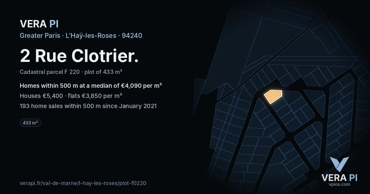 2 Rue Clotrier, L'Haÿ-les-Roses at night – the plot lit, the parcels around coloured by the prices near them
