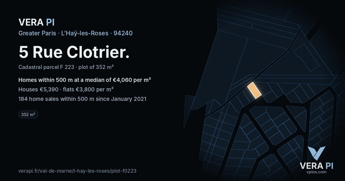 5 Rue Clotrier, L'Haÿ-les-Roses at night – the plot lit, the parcels around coloured by the prices near them