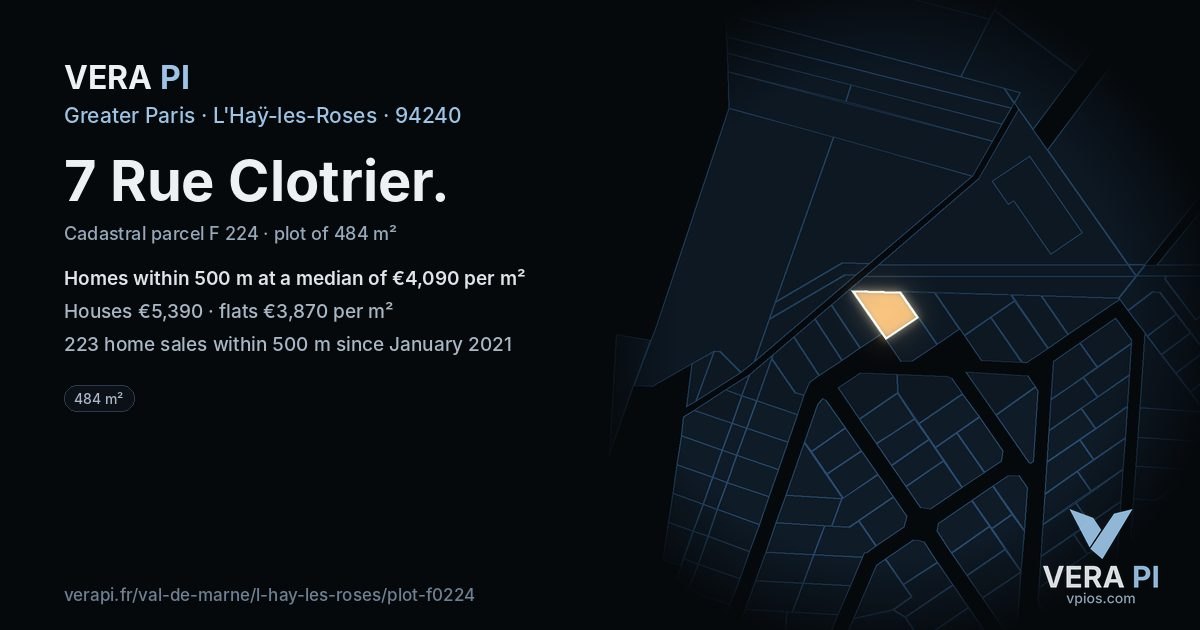 7 Rue Clotrier, L'Haÿ-les-Roses at night – the plot lit, the parcels around coloured by the prices near them