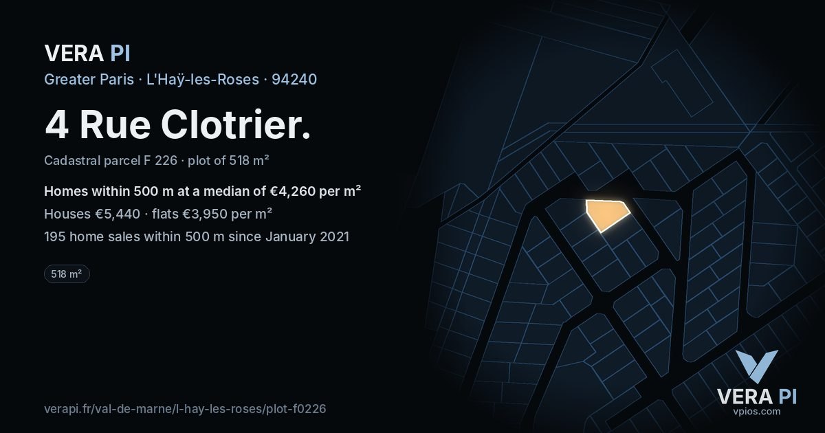 4 Rue Clotrier, L'Haÿ-les-Roses at night – the plot lit, the parcels around coloured by the prices near them
