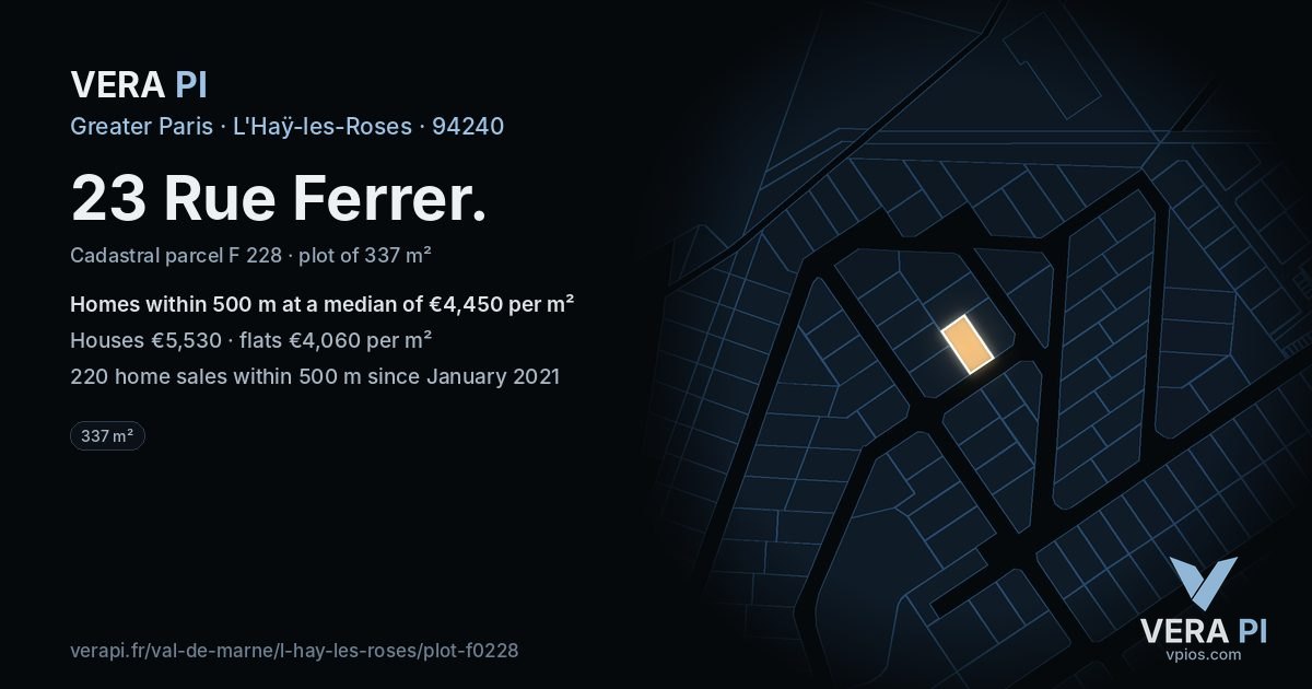 23 Rue Ferrer, L'Haÿ-les-Roses at night – the plot lit, the parcels around coloured by the prices near them