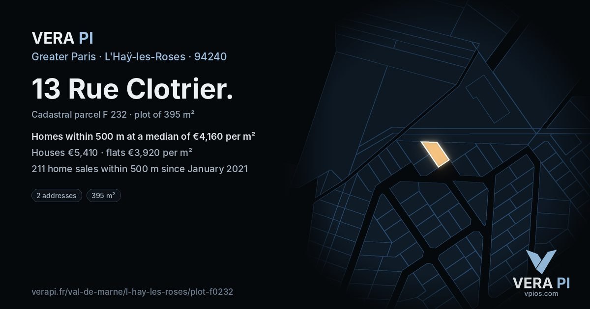 13 Rue Clotrier, L'Haÿ-les-Roses at night – the plot lit, the parcels around coloured by the prices near them