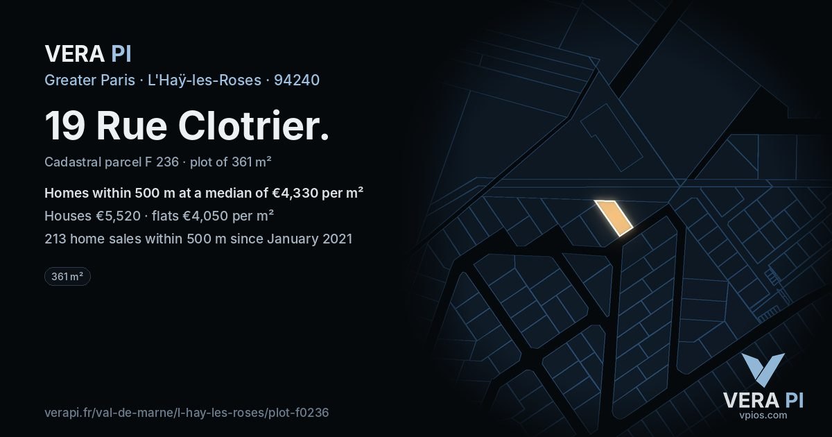 19 Rue Clotrier, L'Haÿ-les-Roses at night – the plot lit, the parcels around coloured by the prices near them