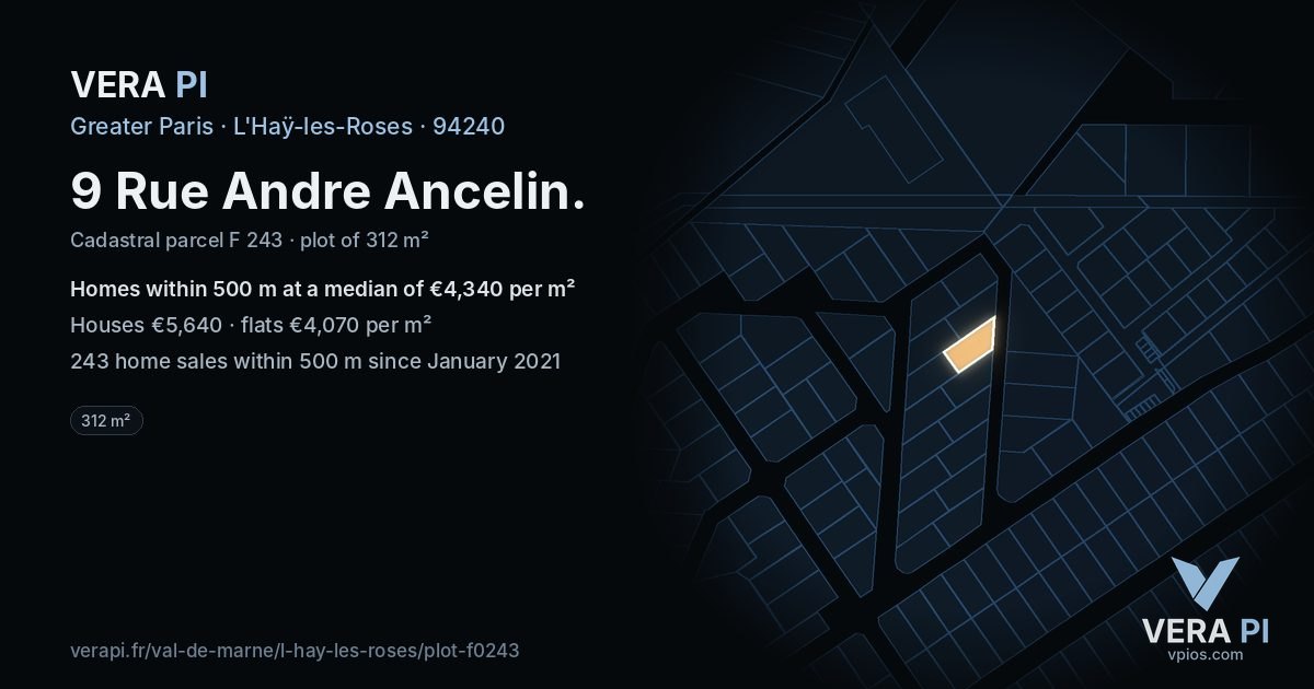9 Rue Andre Ancelin, L'Haÿ-les-Roses at night – the plot lit, the parcels around coloured by the prices near them
