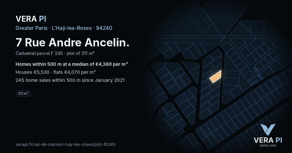 7 Rue Andre Ancelin, L'Haÿ-les-Roses at night – the plot lit, the parcels around coloured by the prices near them