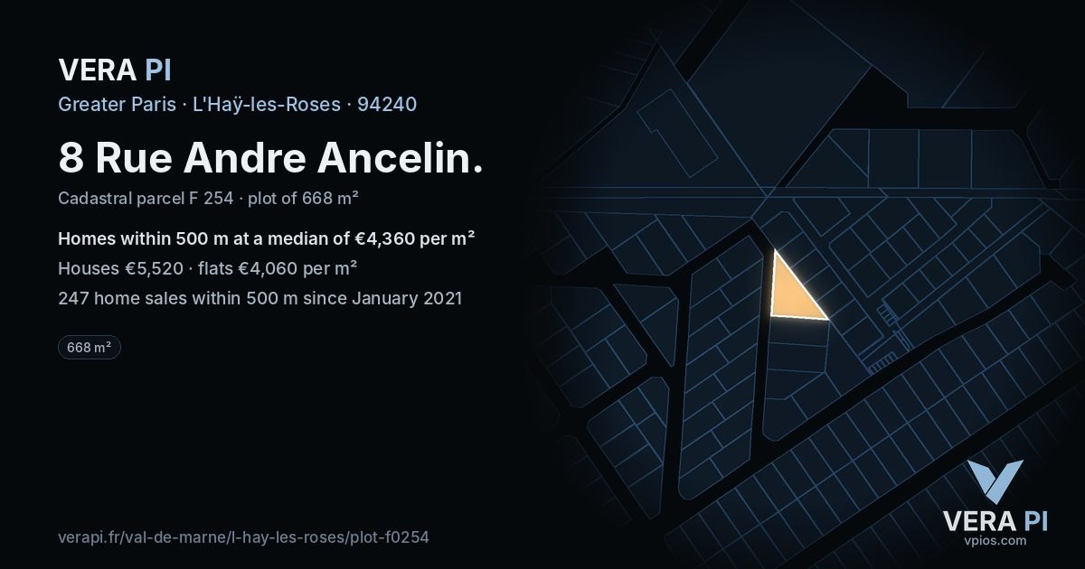 8 Rue Andre Ancelin, L'Haÿ-les-Roses at night – the plot lit, the parcels around coloured by the prices near them