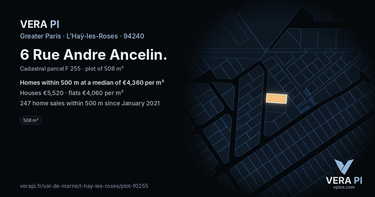 6 Rue Andre Ancelin, L'Haÿ-les-Roses at night – the plot lit, the parcels around coloured by the prices near them