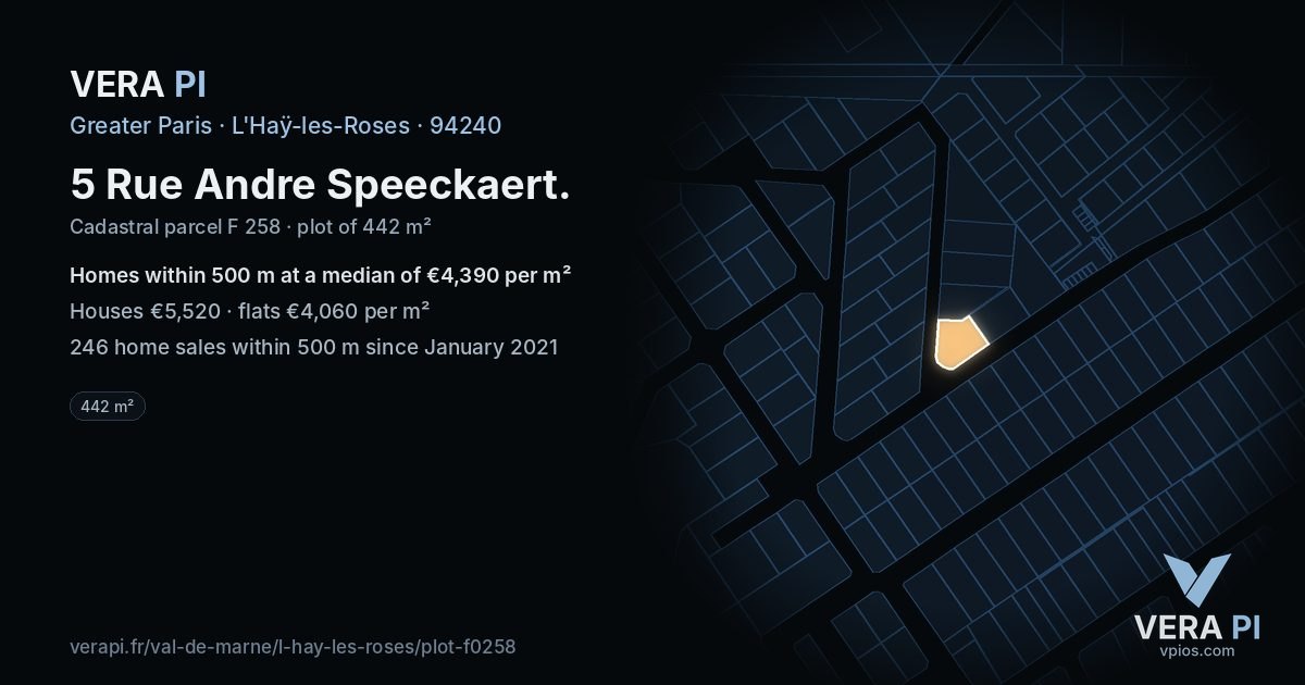 5 Rue Andre Speeckaert, L'Haÿ-les-Roses at night – the plot lit, the parcels around coloured by the prices near them