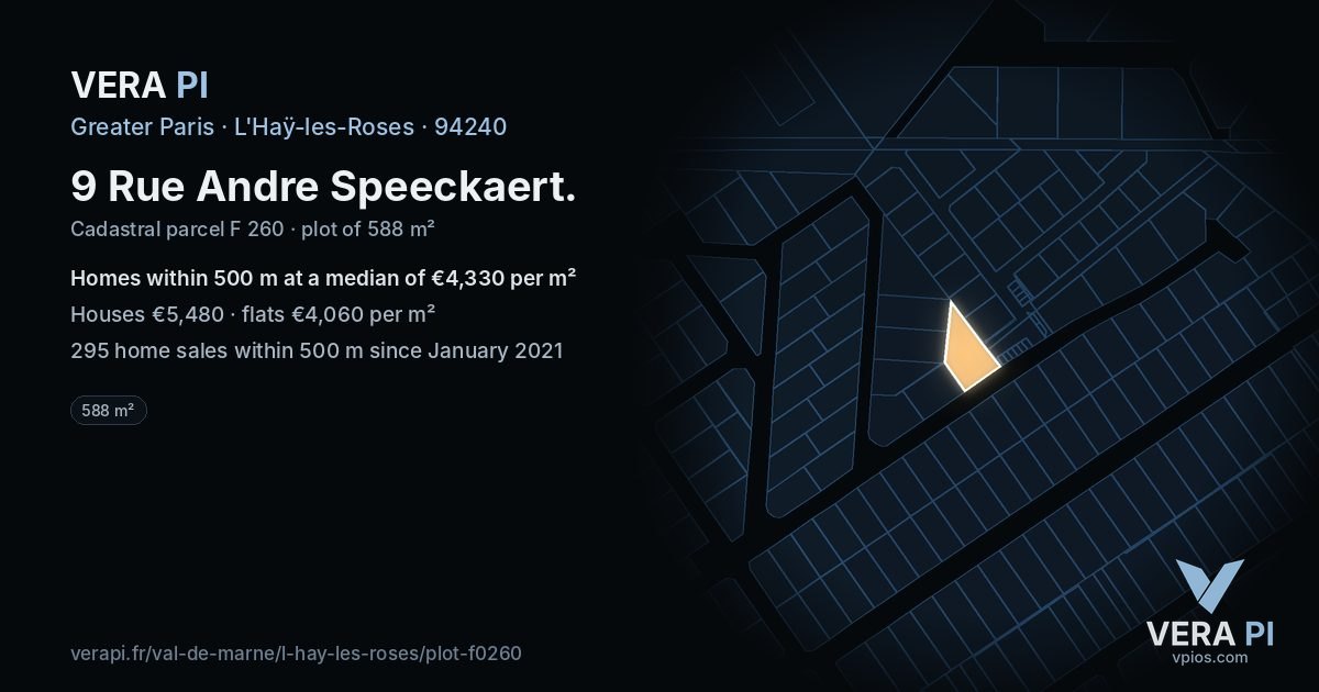 9 Rue Andre Speeckaert, L'Haÿ-les-Roses at night – the plot lit, the parcels around coloured by the prices near them