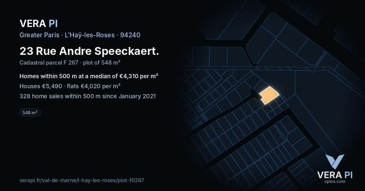 23 Rue Andre Speeckaert, L'Haÿ-les-Roses at night – the plot lit, the parcels around coloured by the prices near them