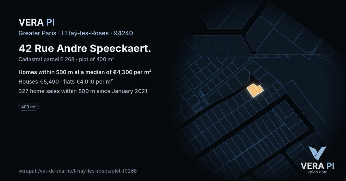 42 Rue Andre Speeckaert, L'Haÿ-les-Roses at night – the plot lit, the parcels around coloured by the prices near them