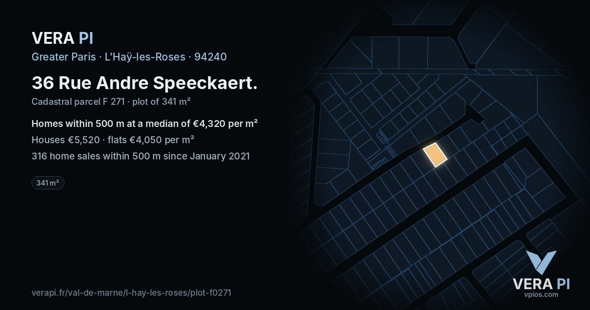 36 Rue Andre Speeckaert, L'Haÿ-les-Roses at night – the plot lit, the parcels around coloured by the prices near them