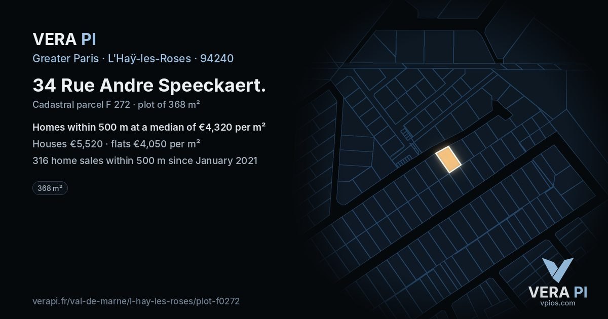 34 Rue Andre Speeckaert, L'Haÿ-les-Roses at night – the plot lit, the parcels around coloured by the prices near them