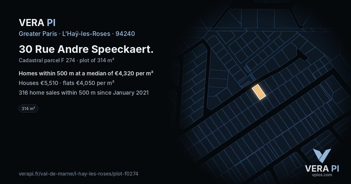 30 Rue Andre Speeckaert, L'Haÿ-les-Roses at night – the plot lit, the parcels around coloured by the prices near them
