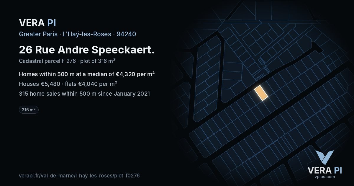 26 Rue Andre Speeckaert, L'Haÿ-les-Roses at night – the plot lit, the parcels around coloured by the prices near them