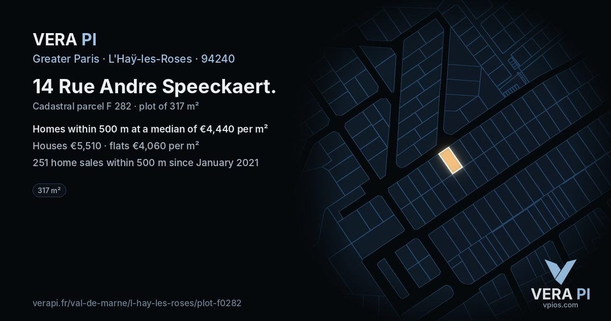 14 Rue Andre Speeckaert, L'Haÿ-les-Roses at night – the plot lit, the parcels around coloured by the prices near them