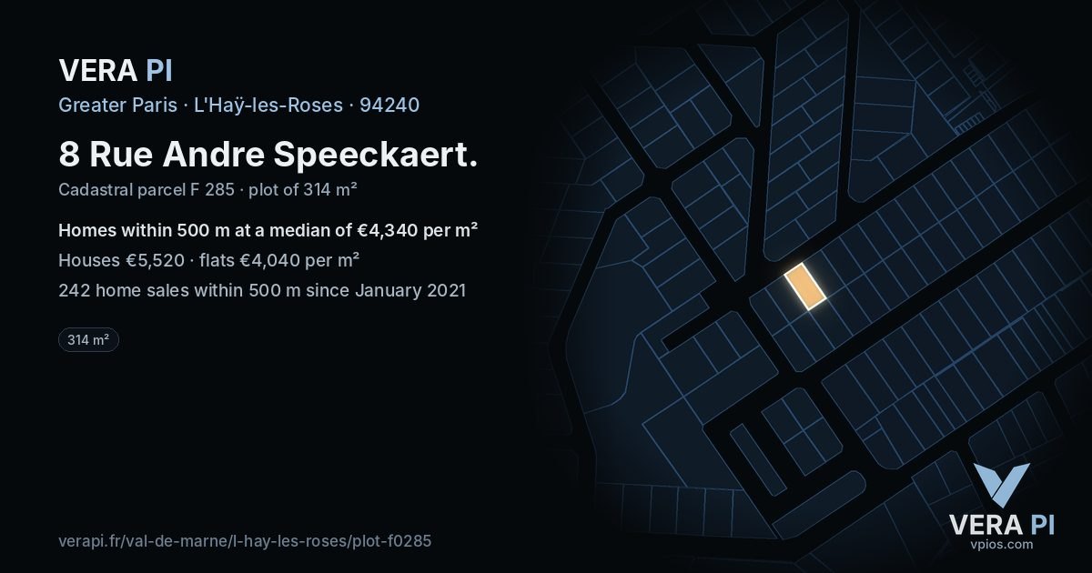 8 Rue Andre Speeckaert, L'Haÿ-les-Roses at night – the plot lit, the parcels around coloured by the prices near them