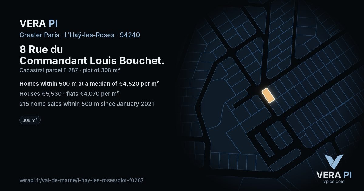 8 Rue du Commandant Louis Bouchet, L'Haÿ-les-Roses at night – the plot lit, the parcels around coloured by the prices near them