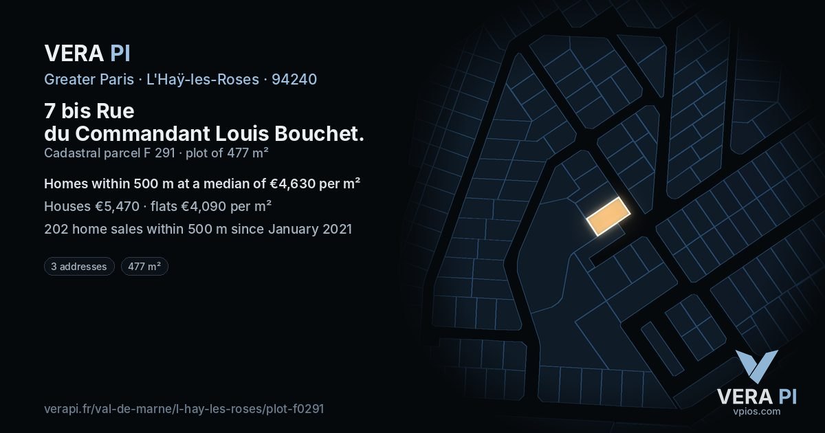 7 bis Rue du Commandant Louis Bouchet, L'Haÿ-les-Roses at night – the plot lit, the parcels around coloured by the prices near them