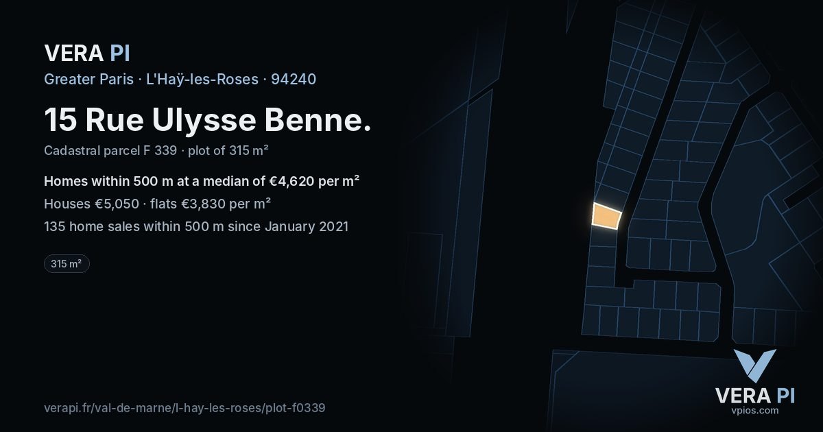 15 Rue Ulysse Benne, L'Haÿ-les-Roses at night – the plot lit, the parcels around coloured by the prices near them
