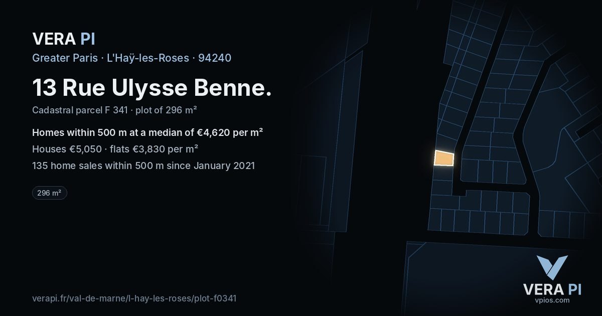 13 Rue Ulysse Benne, L'Haÿ-les-Roses at night – the plot lit, the parcels around coloured by the prices near them