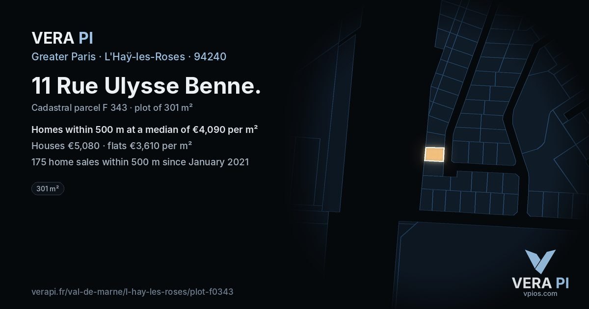 11 Rue Ulysse Benne, L'Haÿ-les-Roses at night – the plot lit, the parcels around coloured by the prices near them