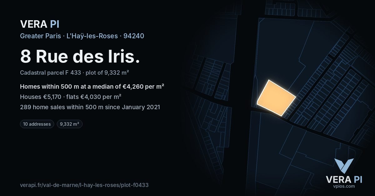 8 Rue des Iris, L'Haÿ-les-Roses at night – the plot lit, the parcels around coloured by the prices near them