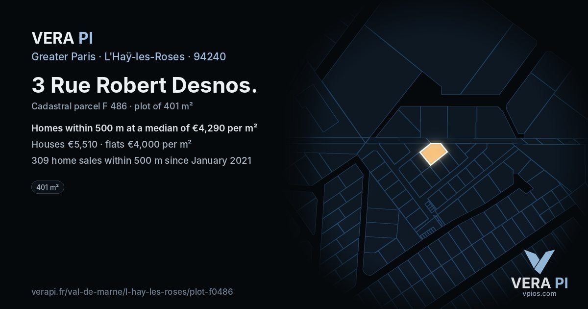 3 Rue Robert Desnos, L'Haÿ-les-Roses at night – the plot lit, the parcels around coloured by the prices near them